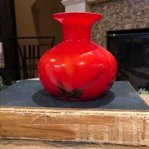 Vintage Ruby Red Art Glass Vase With Decorative Bird Design On The Bottom